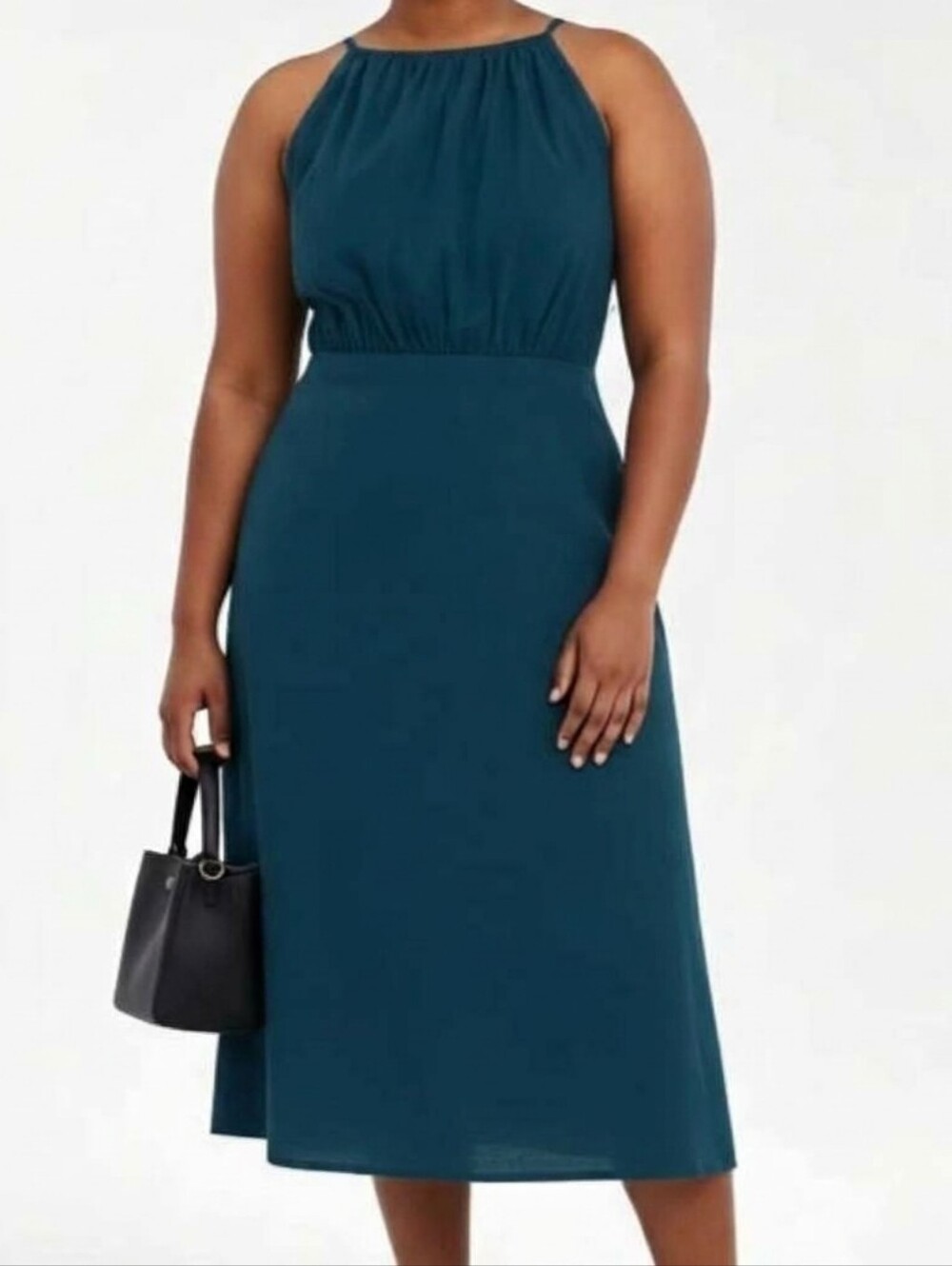 Banana Republic Linen Blend High Neck Midi Dress Size 16 Deep Sea Teal
